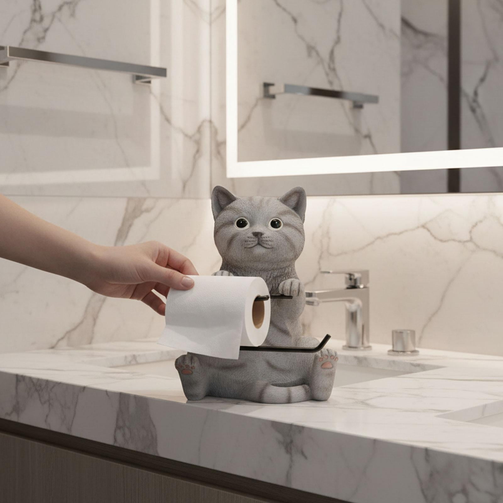 Fiocias Wall Mounted Cat Toilet Paper Roll Holder Bathroom Accessories Premium Resin Gray