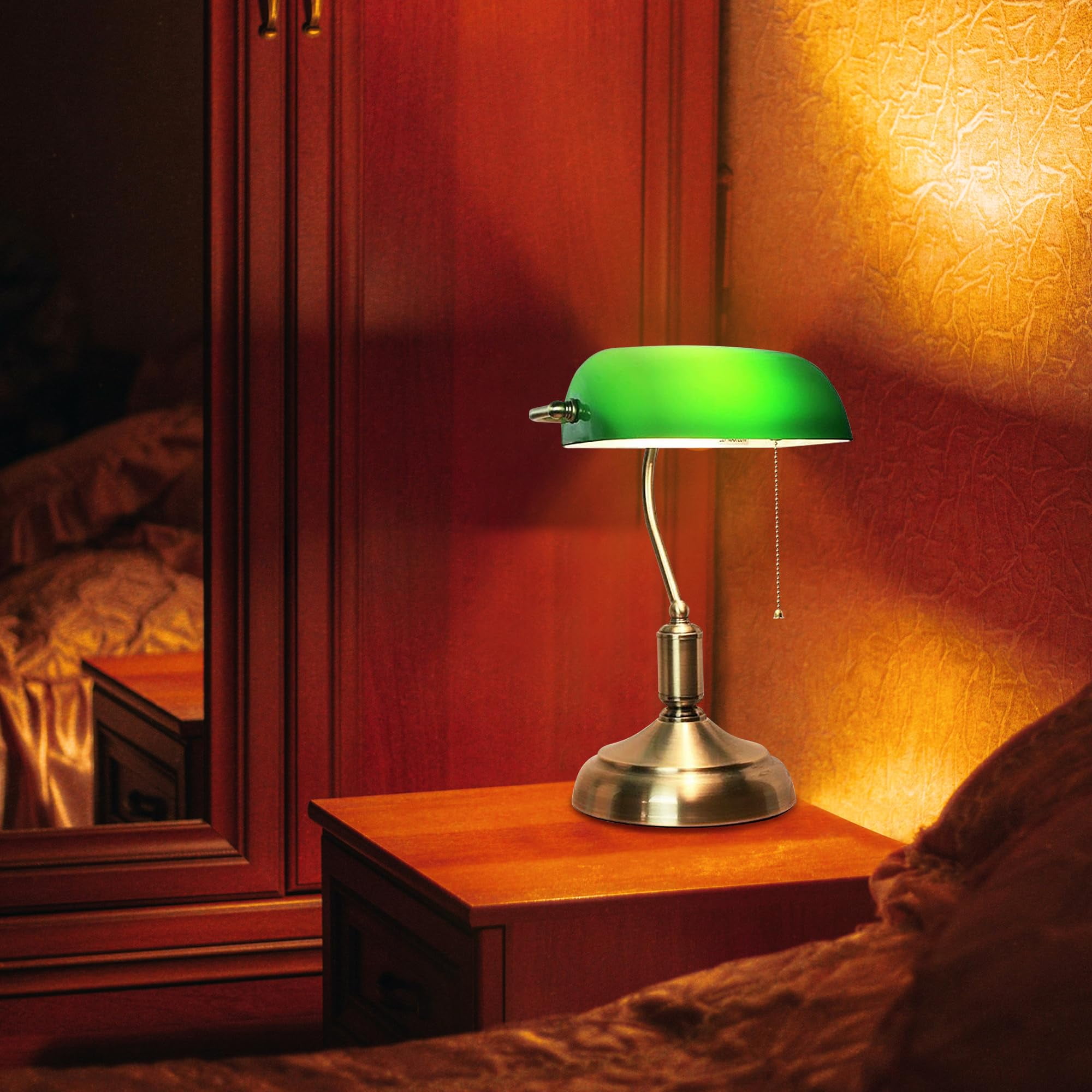 Kiven Cordless Bankers Table Lamp,1-Light Dimmable Bedside Lamps for Nightstand with Glass Lampshade, Vintage Rechargeable Desk Lamp for Reading Home Decor Bedside TD1117