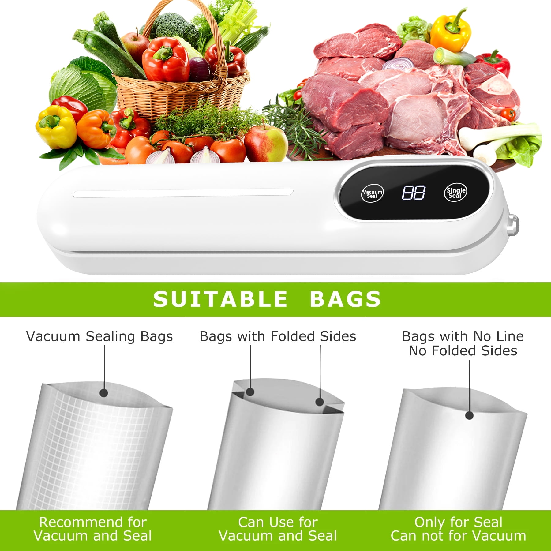 RONY Vacuum Sealing Machine with 10 Bags, 62Kpa Powerful Vacuum Sealer for Food, One-click Sealing Machine with Dry Moist Food Mode