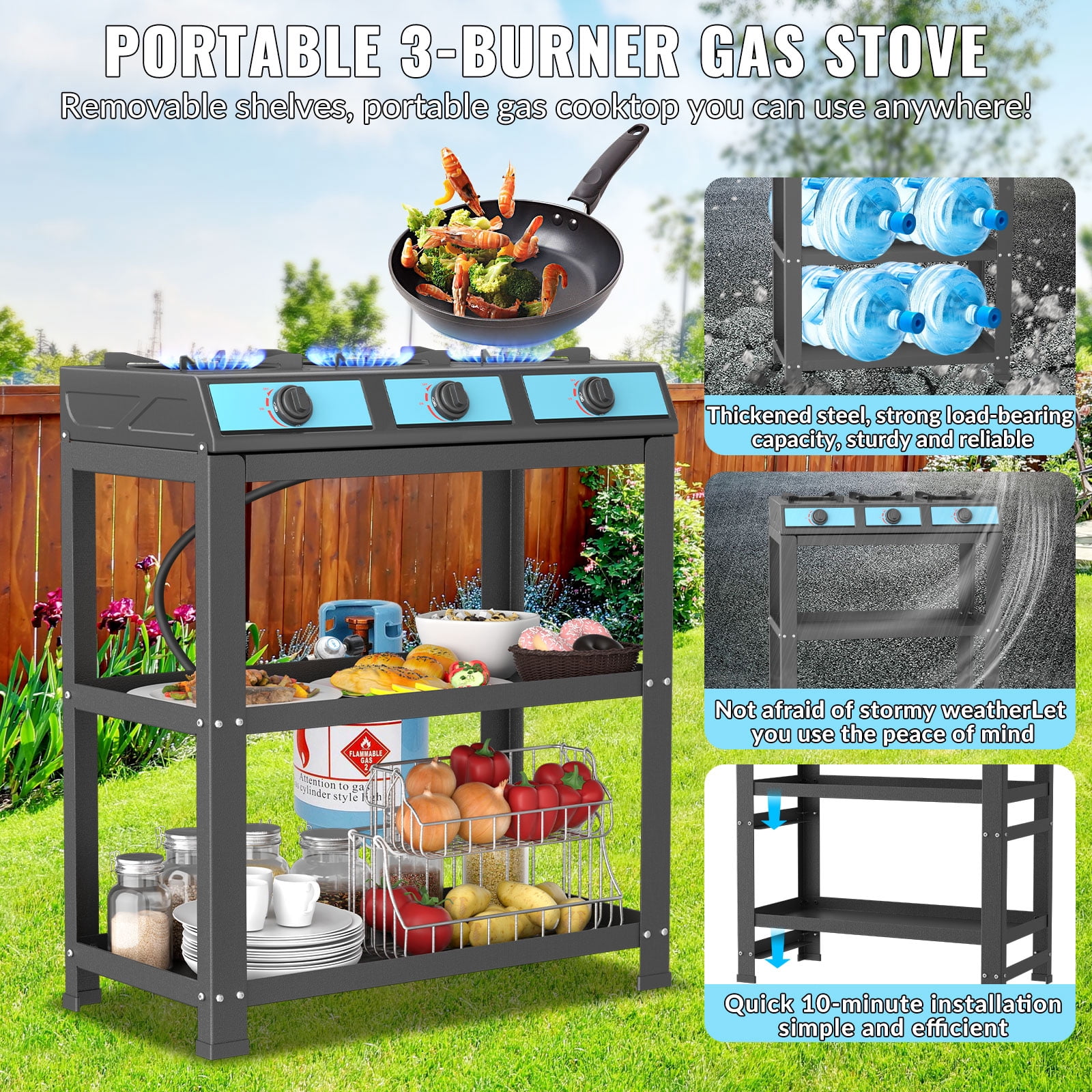 Propane Gas Stove-40000BTU Portable Gas Stove, with Removable Leg,Auto Ignition Camping Stove,3 Burner Propane Burner for RV, Apartment, Outdoor