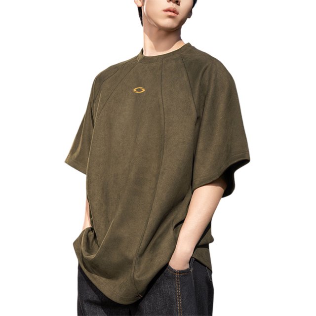 XDZJLR Mens T Shirt Summer Textured Suede Short Sleeve Split Splicing Design Vintage Couple Loose Body Tees