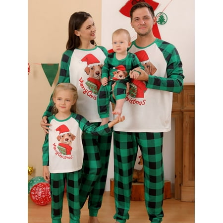 

BULLPIANO Matching Family Pajamas Sets Christmas PJ s Dog Print Top and Plaid Pants Sleepwear Parent-child Cotton Soft 2-piece Pajamas Outfits