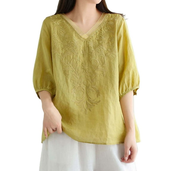 Short Sleeve V Neck Embroidered Linen Shirt For Women Summer Floral Blouse