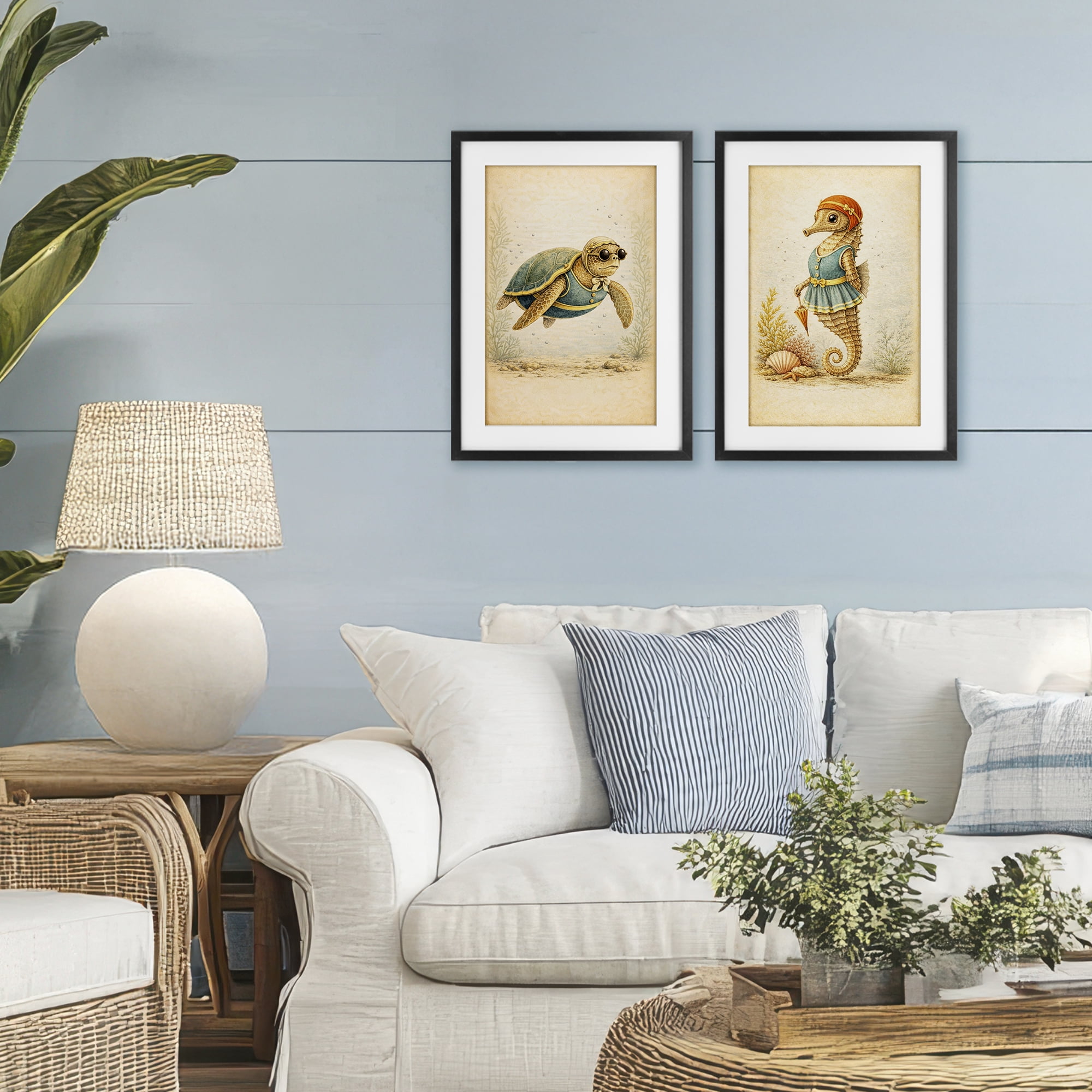 Stupell Industries Vintage Maritime Bathing Animals 2 Piece Black Framed Print Under Glass Set, design by Grotto Studios
