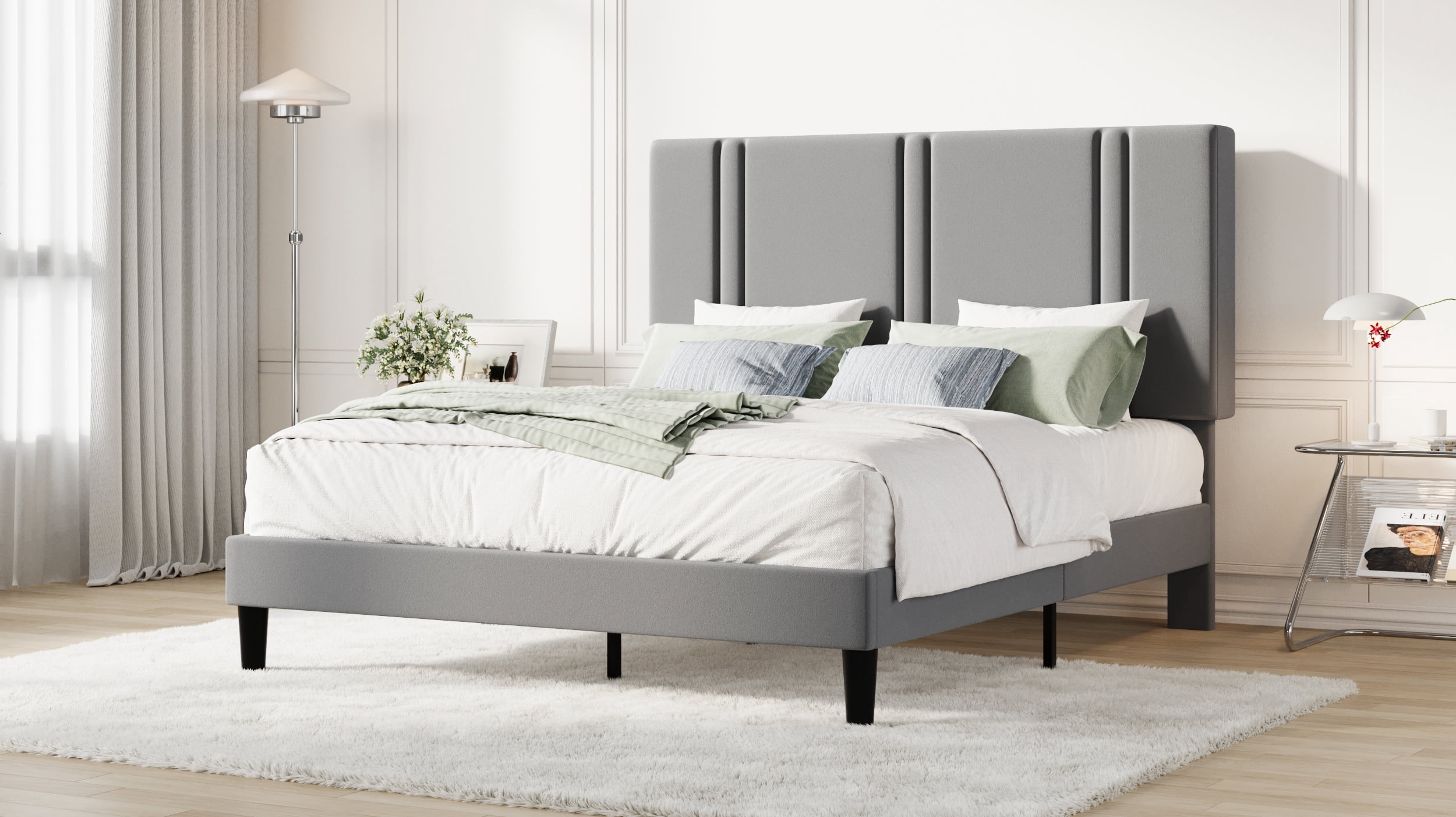 Amolife Full Bed Frame, Platform Bed with Upholstered Velvet Adjustable Headboard, Wooden Slats, Easy Assembly, Grey