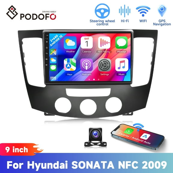 Podofo 2 64G for Hyundai SONATA NFC 2009-2010(Manual Air Conditioner)9'' Touchscreen Car Stereo Radio Wireless Carplay Android Auto Mirror Link Android 15 WIFI GPS FM Bluetooth, AHD Backup Camera