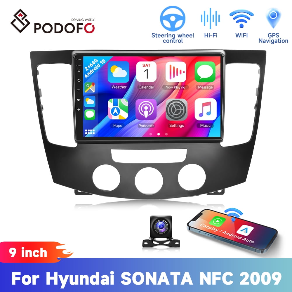Podofo 2+64G for Hyundai SONATA NFC 2009-2010(Manual Air Conditioner)9'' Touchscreen Car Stereo Radio Wireless Carplay Android Auto Mirror Link Android 15 WIFI GPS FM Bluetooth, AHD Backup Camera