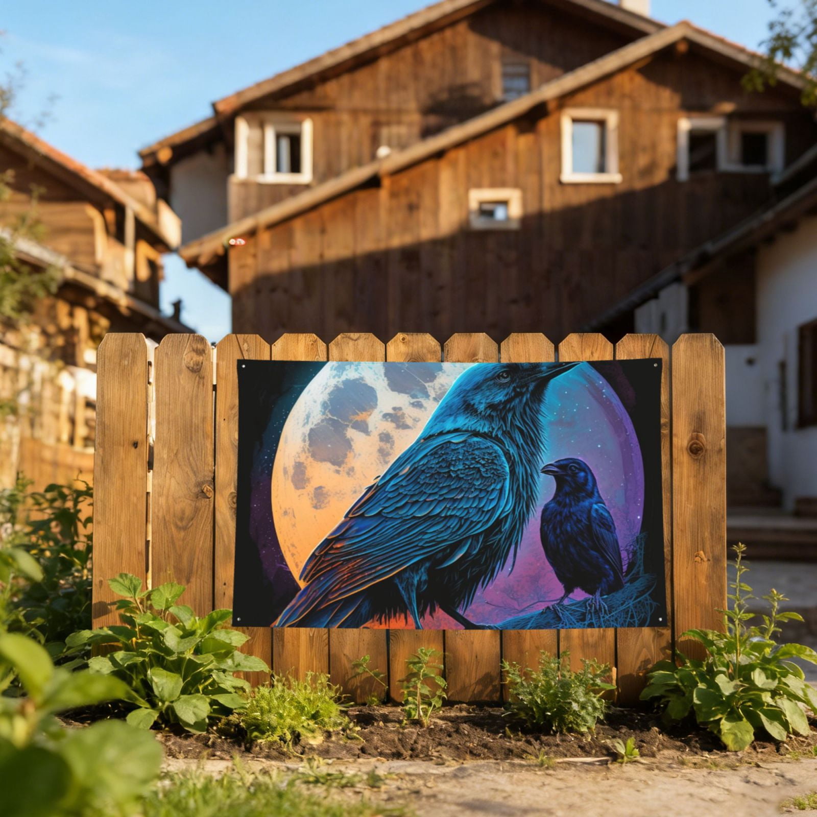 Raven Wolf Moon Moonlight Art Four Hole Decorated Banner Flag for Garden Yard Home Decoration Indoor Outdoor 4x6 Ft