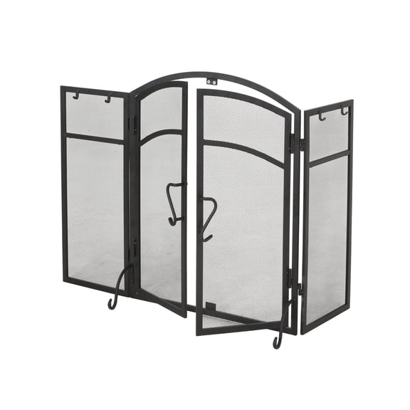 Iron Folding Fireplace Screen with Doors and 4-Piece Tool Set, Spark Guard and Firescreen for Indoor Fireplace with Matte Black Finish