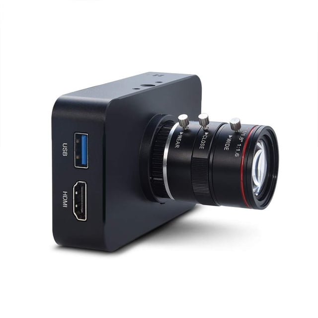 mokose cámara hdmi de 12 mp 1080p usb hd streaming enseñanza, cámara web de grabación 4k@30fps industria c/cs-mount con lente de zoom manual sin distorsión de 6-12 mm Cámara rectangular negra en vista 3/4 lateral con puerto USB tipo A y salida HDMI en el costado; lente de zoom manual 6–12 mm con anillos de enfoque y control de apertura visibles en montura C/CS, sobre fondo blanco. Su tamaño compacto la hace adecuada también para grabación de aulas o transmisiones en escritorio.