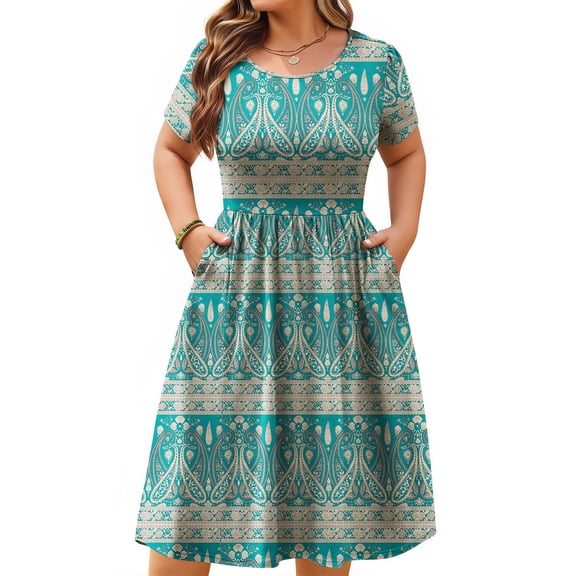 WellSize Summer Plus Size Dresses for Women Short Sleeve A-Line Midi Dresses Casual Floral Print Beach Dress with Pockets