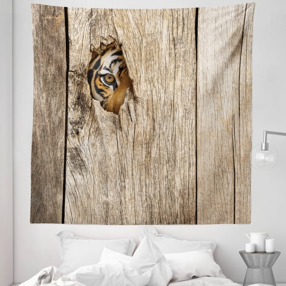 Safari Tapestry, Siberian Tiger Eye Looking Through Wooden Peep Hole in Spy Predator Big Cat Wild Print, Fabric Wall Hanging Decor for Bedroom Living Room Dorm, 5 Sizes, Tan, by Ambesonne