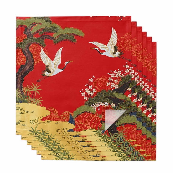 Red Traditional Cloth Napkins, Vintage Crane Pine Flowers Natural Washable and Reusable Dinner Napkins Set of 6, Table Napkin for Kitchen Party Birthday Wedding Hotel Housewarming 20"x20"