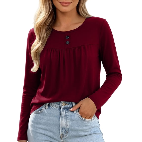 Posijego Womens Long Sleeve T Shirts Pleated Crew Neck Casual Solid Color Base Layer Tee Shirt Going out Tops