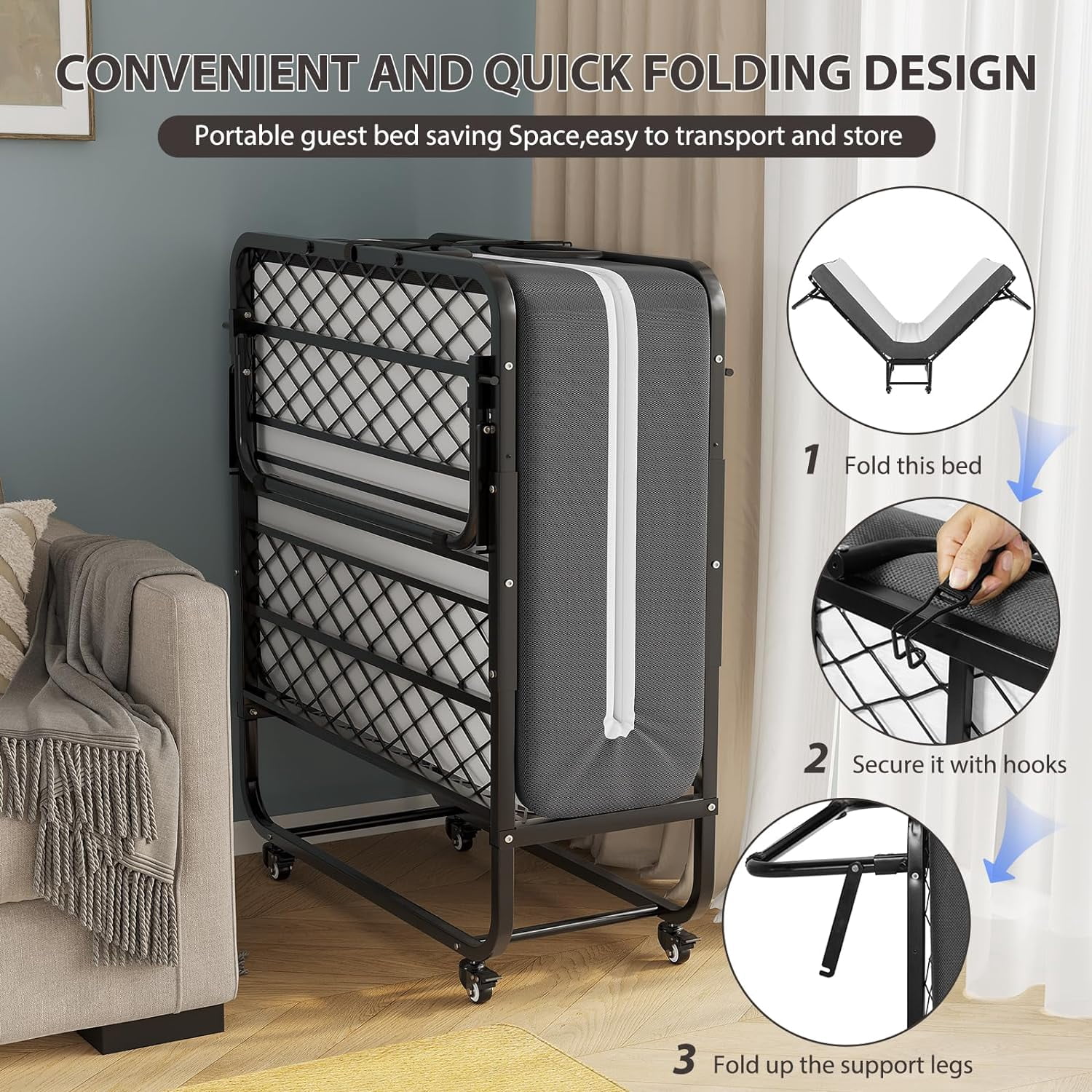 Metal Folding Bed with 5 Inch Mattress Twin Size Portable Guest Beds with Memory Foam Mattress&Wheels,Easy Storage and Move