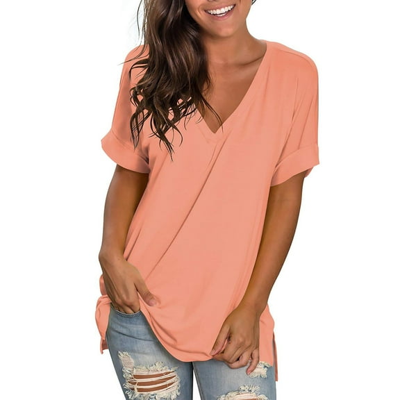 Summer Tops For Women Sevevn Womens Fashion V-Neck Rolled Sleeve Short Sleeve Blouse Casual Solid Loose T-Shirt