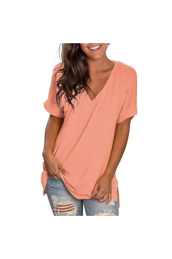 Summer Tops For Women Sevevn Womens Fashion V-Neck Rolled Sleeve Short Sleeve Blouse Casual Solid Loose T-Shirt