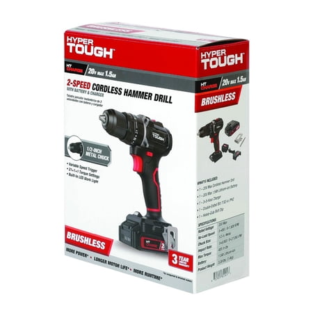 HYPER TOUGH 20V BRUSHLESS 1/2-INCH 2-SPEED CORDLESS HAMMER DRILL BATTERY & CHARGER