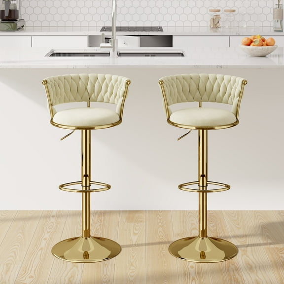 Hawsaiy Modern Velvet Bar Stool Set of 2 with Woven Back and Footrest for Kitchen, Bar, and Dining Spaces,Beige