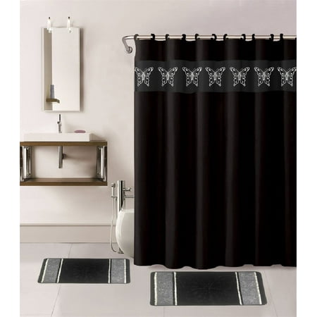 wpm 15 piece multi color jacquard bath rug set, black bathroom mats