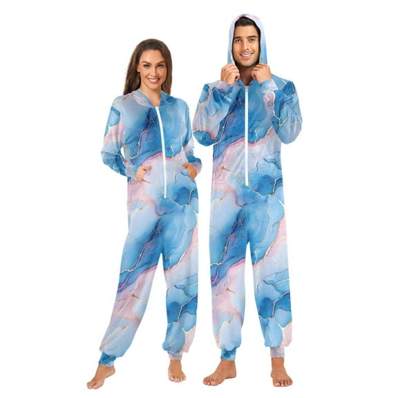 Adult Christmas Onesie Blue Pink Marble Pattern Zipper One-Piece Pajamas Unisex with Pockets