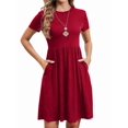thumbnail image 3 of Women'S Short Sleeve Summer Dress Pleated Loose Swing Knee Length Dresses with Pockets Red XXL, 3 of 9