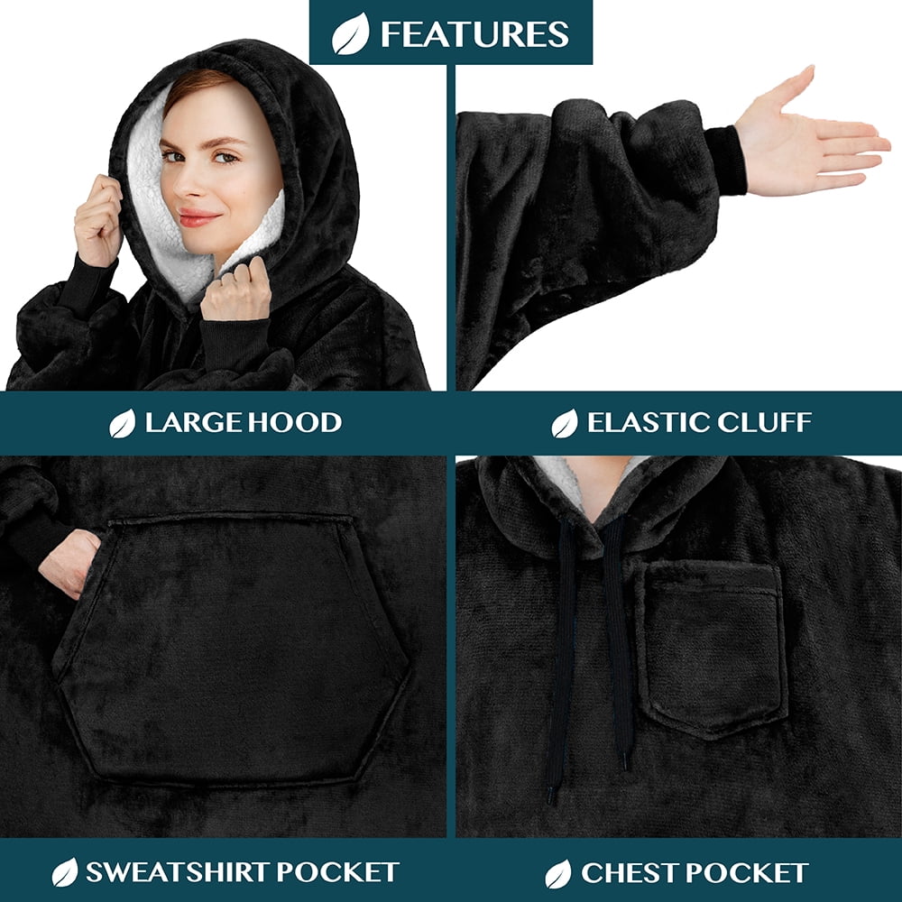 PAVILIA Blanket Hoodie for Women Black, Sherpa Wearable Blanket Men, Cozy Oversized Sweatshirt Blanket, Warm Fleece Hooded Blanket Sweater with Sleeves and Giant Pocket, Black