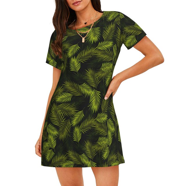 Balery Tropical Palm Leaves Fern Leaf Camisón de manga corta con cuello redondo para mujer, cómodo y elegante.