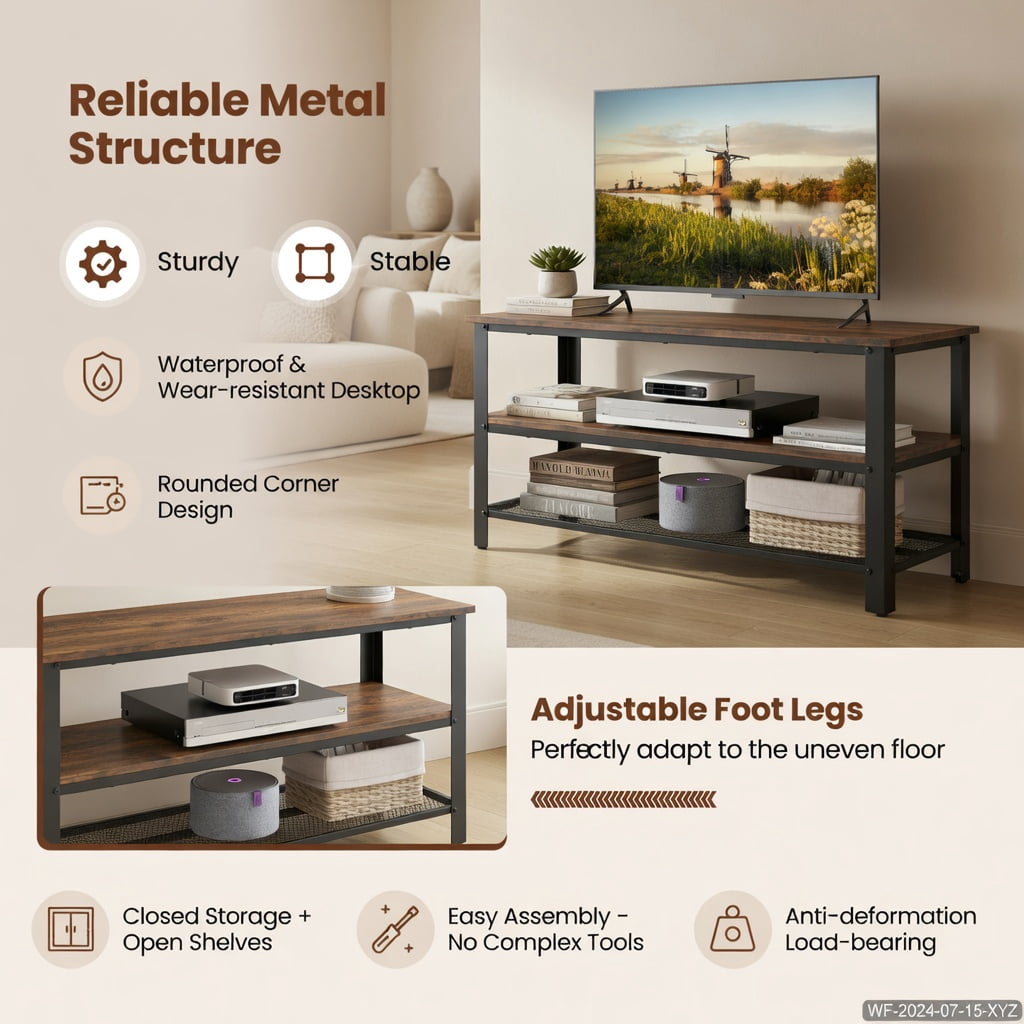 Demi Bonn 3-Tier Industrial TV Stand with Metal Mesh Shelf, Media Entertainment Center with Storage for Living Room, Brown