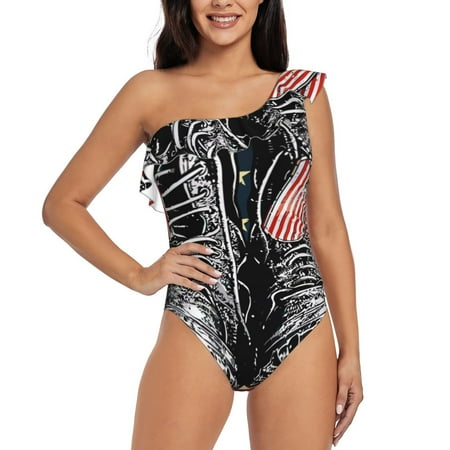 Tebeau Veterans Day1 Print Women s One Piece Swimsuits One Shoulder Swimwear Asymmetric Ruffle Monokinis Bathing Suits-Small
