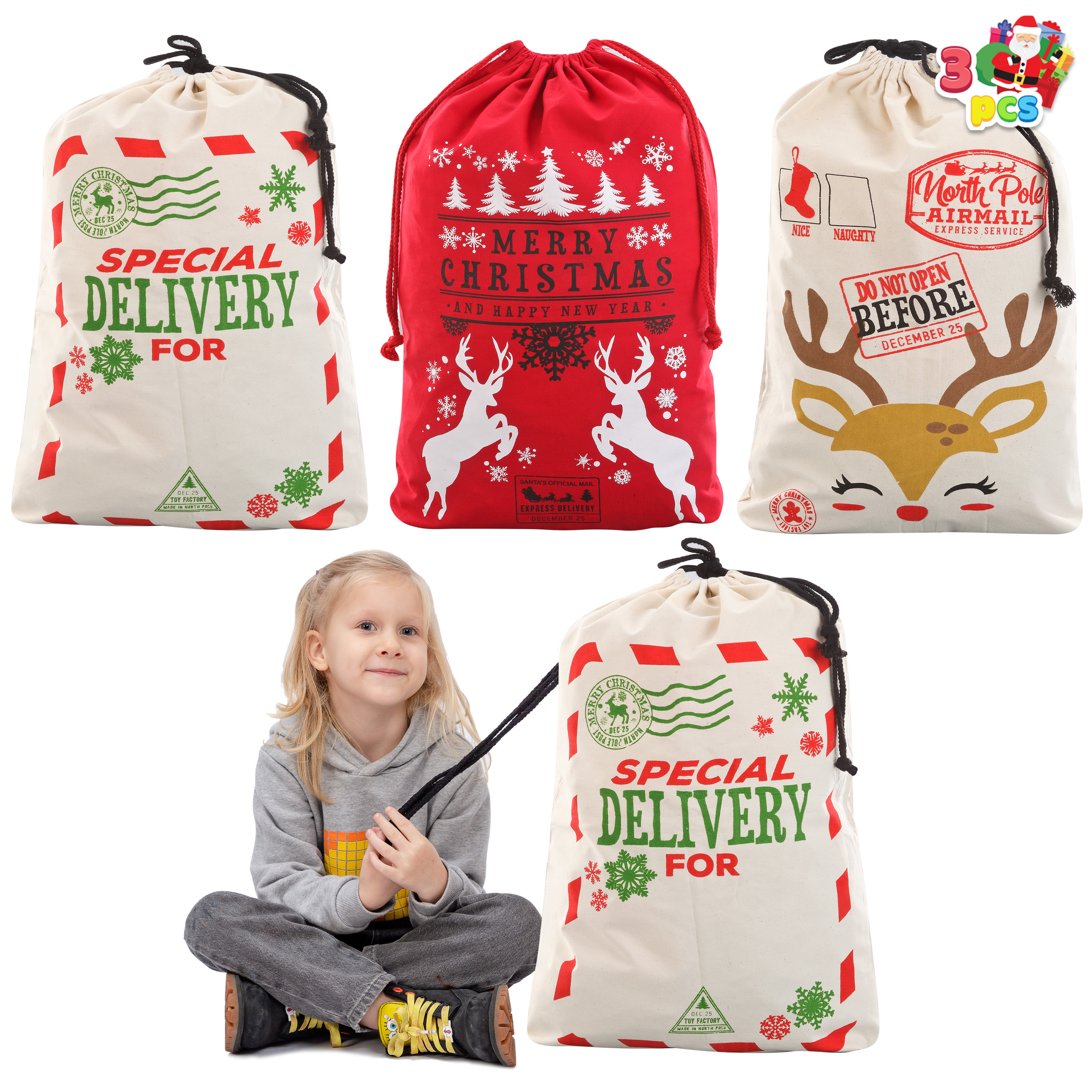 Joyfy 3-Piece Santa Burlap Canvas Drawstring Gift Bags, 26 x 19 Inches photo 2
