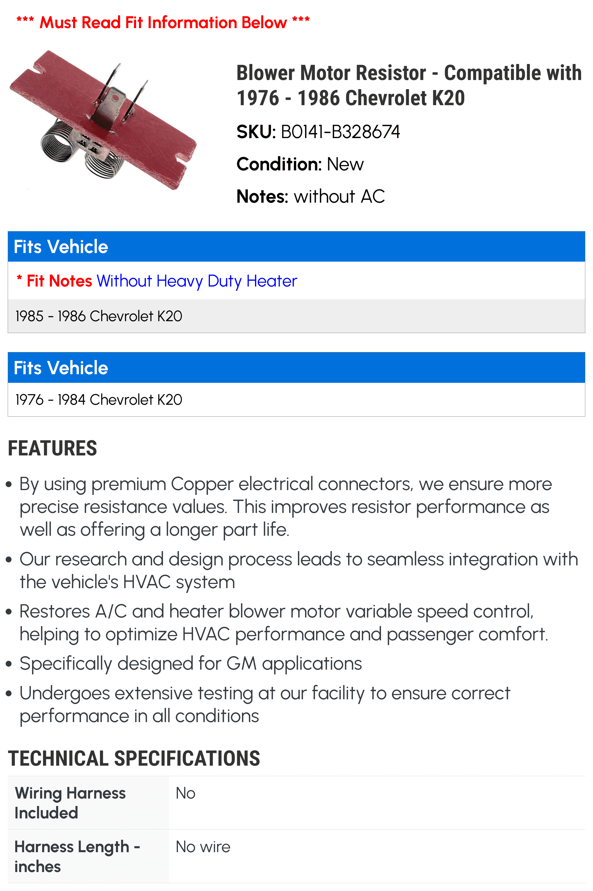 Blower Motor Resistor - Compatible with 1976 - 1986 Chevy K20 1977 1978 1979 1980 1981 1982 1983 1984 1985