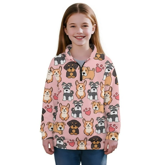 Uorisanigo Girls Half Zip Pullover Sweatshirt Oversized Cute Cartoon Dog Quarter Zipper Cropped Sweatshirt Fall Fashion Long Sleeve Pullover Shirts Top for Sports and Daily Wear