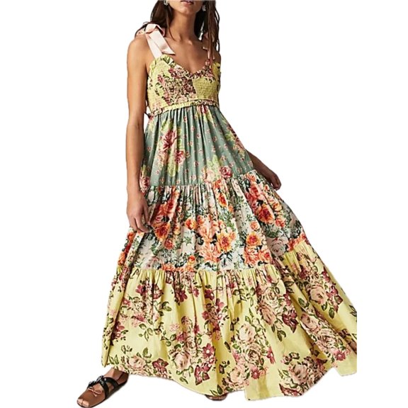 Women's Printed V Neck Tie Shoulder Cami Dress with Smocked Bodice and Tiered Skirt 100% Polyester All Day Comfort