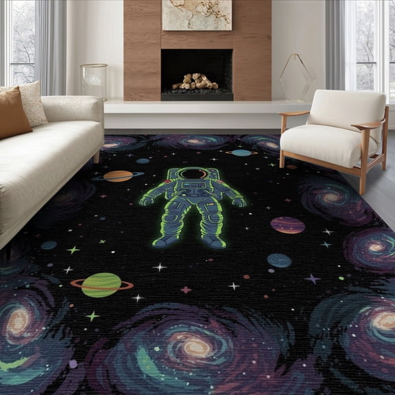 ODIKA 8'x10' Washable Area Rug Non-Shedding, Easy Care, Astronaut Galaxy Star Design With Cosmic Nebula Border Space Flowing Dynamic for King Size Bedroom Under Bed, Master Suite