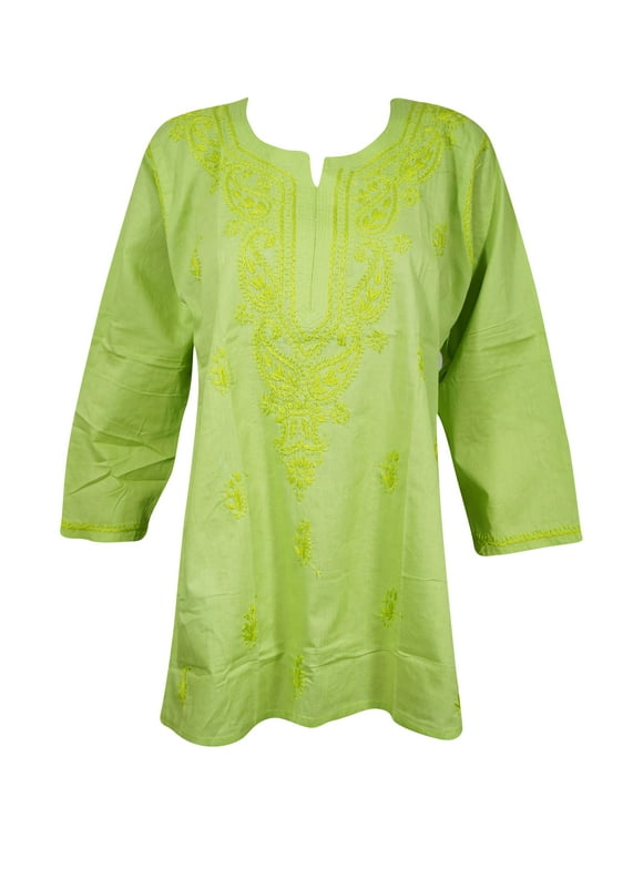 Summer Embroidered Lime Green Handmade Tunic Top -M
