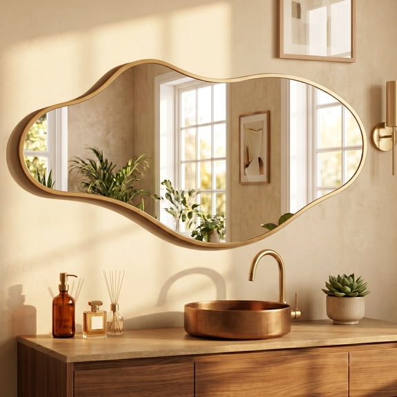 TEWLOSS Irregular Wall Mirror Decorative 36"x 20" Gold Bathroom Mirrors Metal Frame, Drop Shape