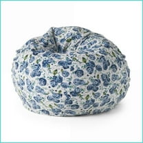 3 Foot Rounded Bean Bag Chair, Blue Rose Print | Fabric | Multicolor
