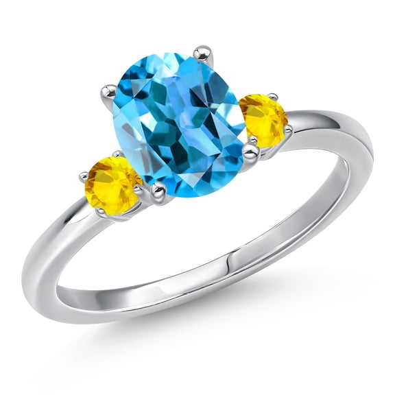 Gem Stone King 14K White Gold Swiss Blue Topaz and Yellow Sapphire Engagement Ring for Women | 2.52 Cttw | Oval 9X7MM | Gemstone November Birthstone | Size 5
