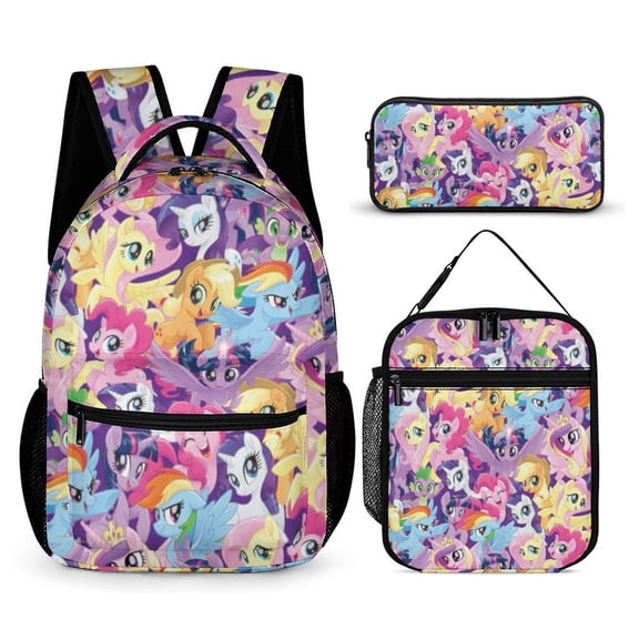 3 Piece Casual Shoulder Bookbag My Lit-tle Pony Backpack Travel Bag Knapsack with Lunch Box Outdoor Hiking