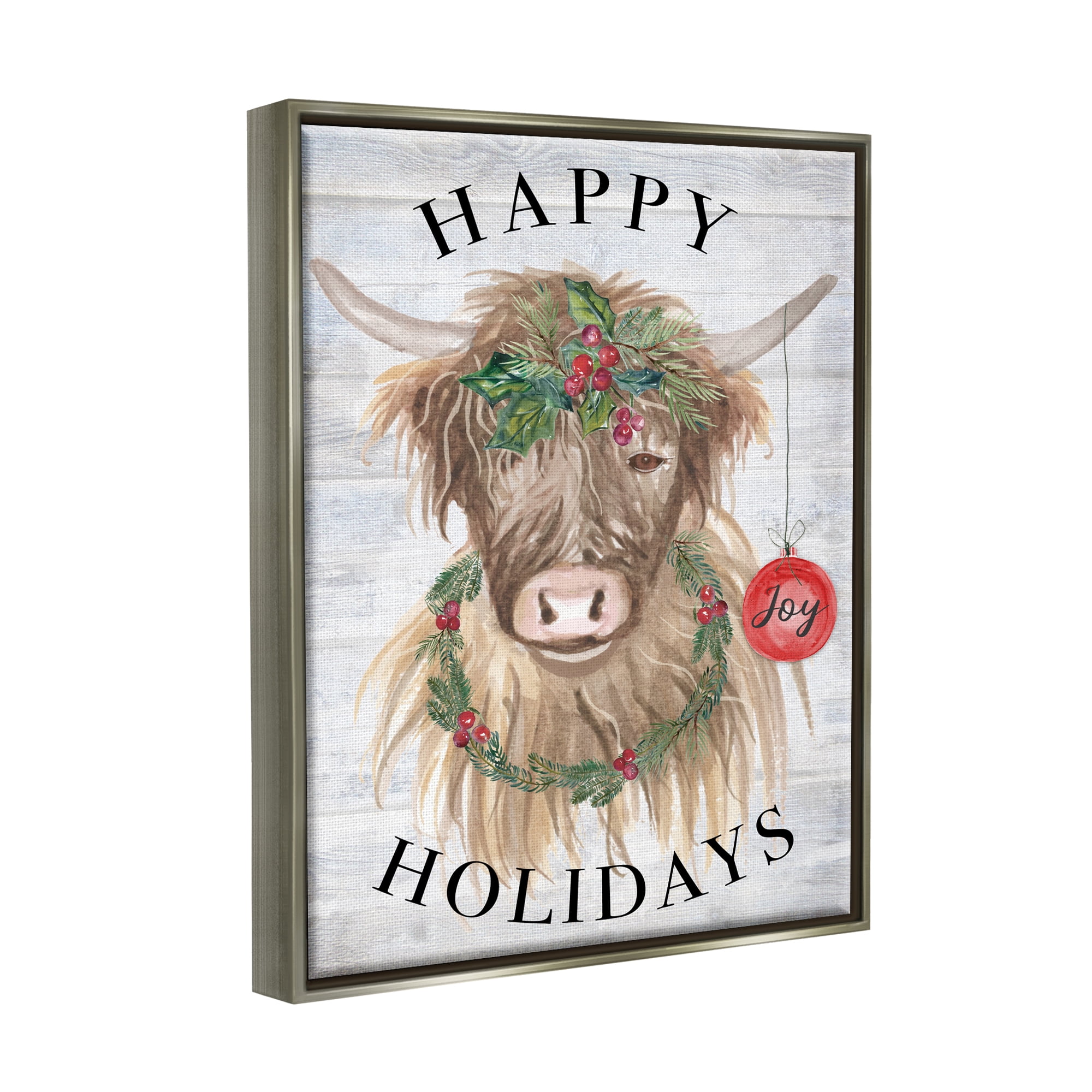 Stupell Industries Farmhouse Holiday Cow Holiday Painting Gray Floater Framed Art Print Wall Art, 25 x 31
