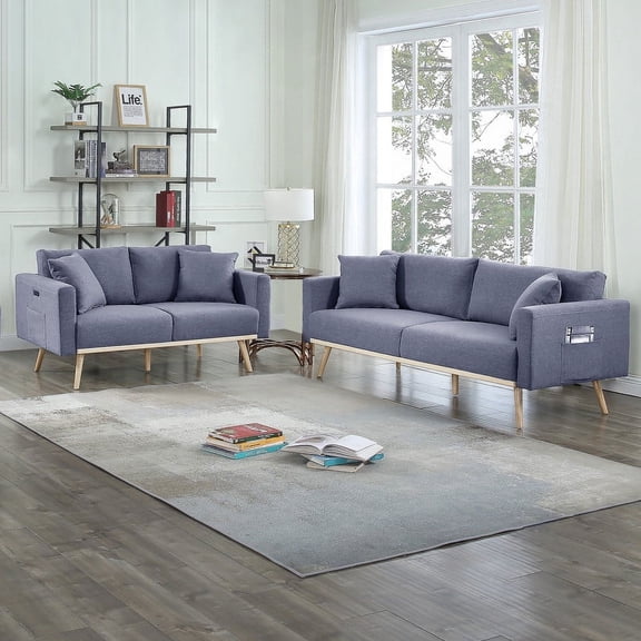 Lilola Home Dark Gray Linen Fabric Sofa Loveseat Living Room Set with USB Ports