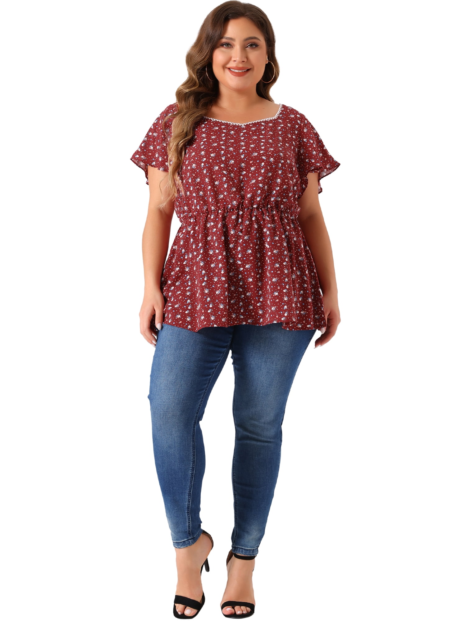 DARING DIVA Women's Plus Floral Flare Sleeves Elastic Waist Peplum Top 2X Red