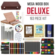 U.S. Art Supply 163-Piece Mega Deluxe Art Painting, Drawing Set in Wood Box, Desk Easel - Artist Paint Pad, 2 Sketch Pads, 24 Watercolor Paint Colors, 24 Oil Pastels, 24 Colored Pencils, 60 Crayons