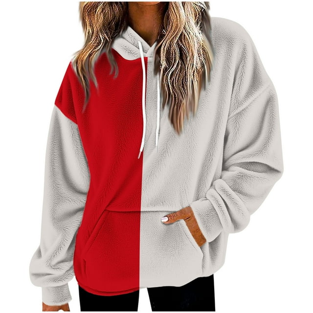 Women's Color Block Fuzzy Hoodie - Oversized Loose Fit Fall Winter Sweatshirt, Fashion Fluffy Sherpa Hoodie with Drawstring