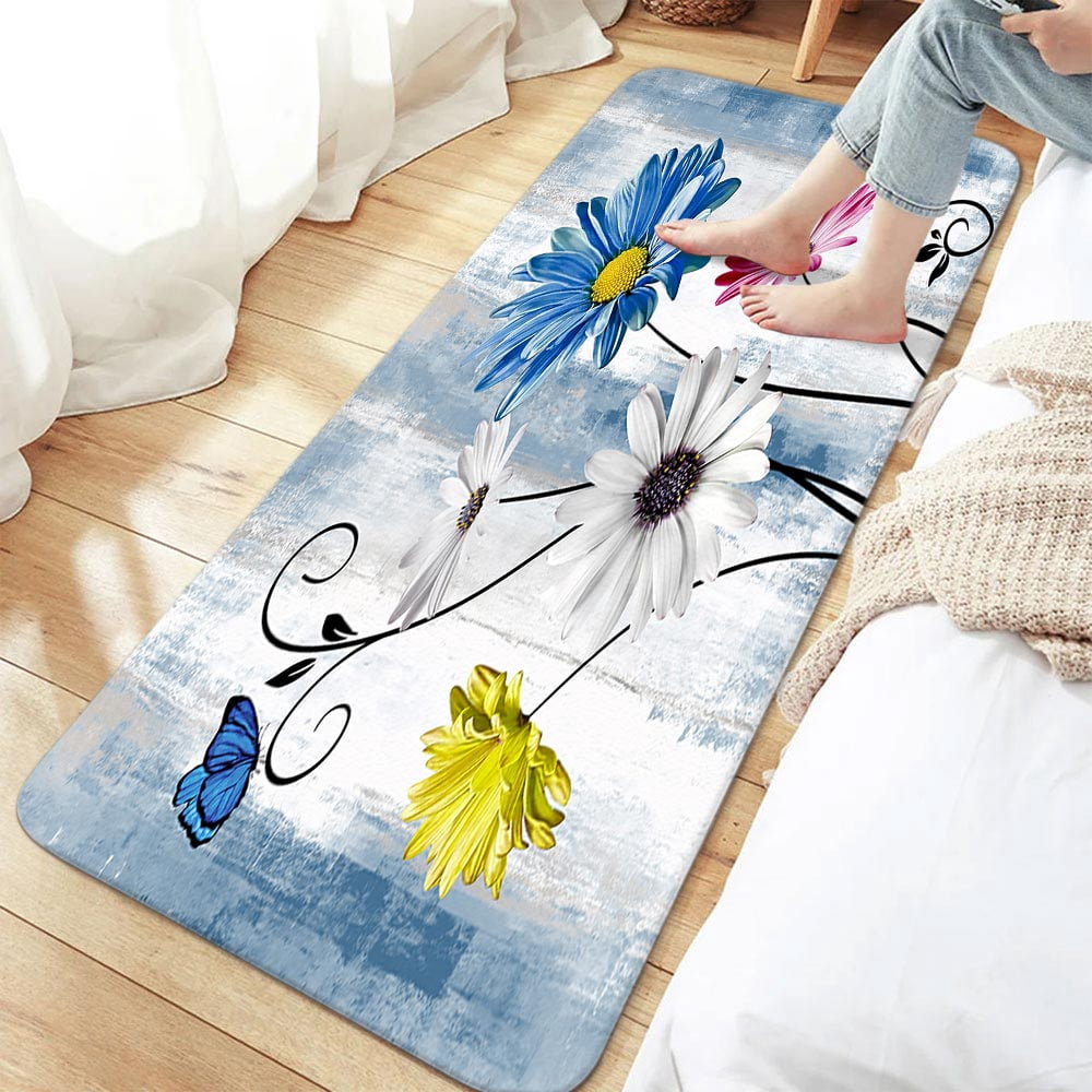 Farmhouse Blue Floral Bathroom Rugs, Farm Rustic Farmhouse and Butterfly on Country Wooden Bathroom Rugs Set, Blue Daisy Floral Bathroom Rug Mat 17X48inch, Extra Soft and Absorbent Bath Rugs