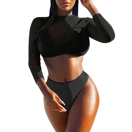 High Waisted Bikini Women S Summer Sexy Mesh Suspender Bikini Briefs Mesh Smock Three Piece Set Black Women S Nylon Swimsuit M