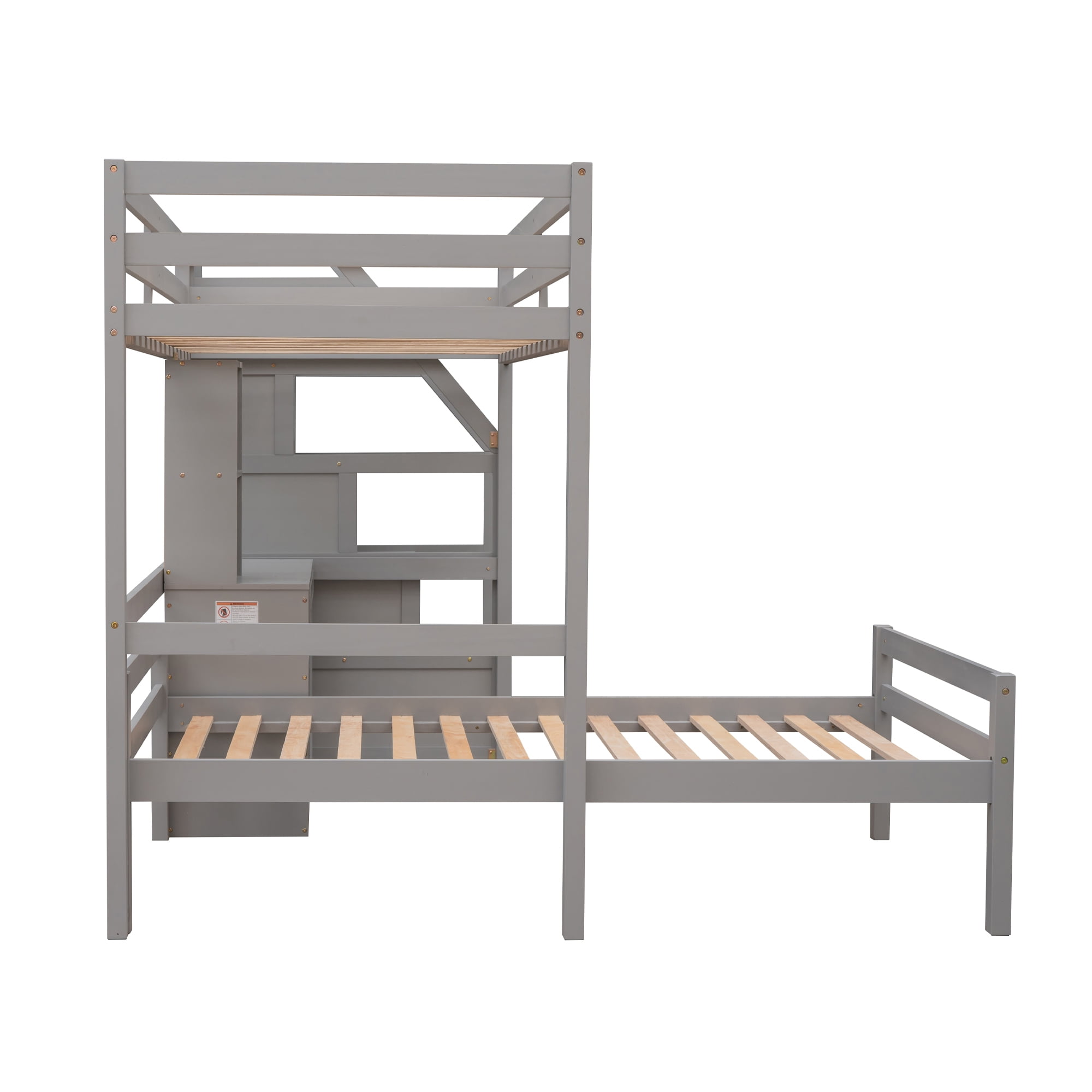Euroco Wood Twin Size Bunk Loft Bed with Desk, Drawers and Shelf for Bedroom, Gray