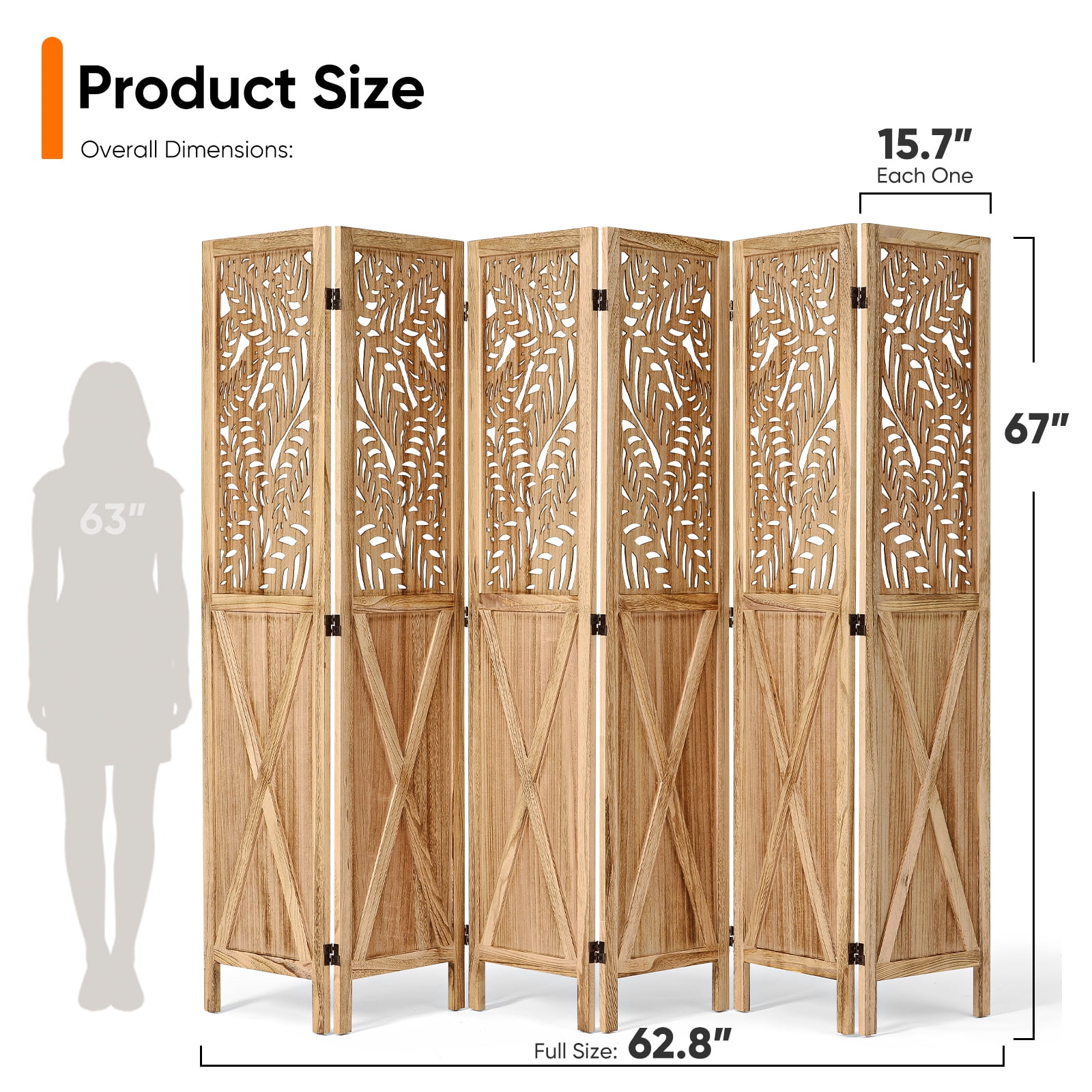 Jostyle 6 Panel Solid Wood Room Divider Privacy Screen - Freestanding Folding Partition with Barn Door Openwork Design, Paulownia Wood Frame Natural, No Assembly for Living Room, Bedroom, Office