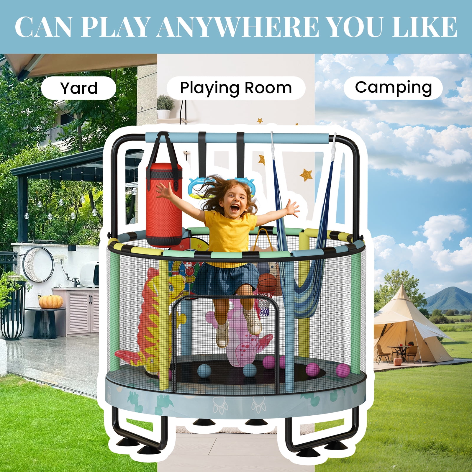 Mieres 55" 7-in-1 Upgraded Kids Trampoline with Swing & Basketball Hoop, Reinforced Safety Design with Adjustable Height & Net for Ages 3-8, 500lbs Capacity, In/Outdoor Play Center, Blue Dinosaur